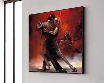 May include: A painting of a couple dancing the tango in a red and orange background. A musician plays a guitar in the background.