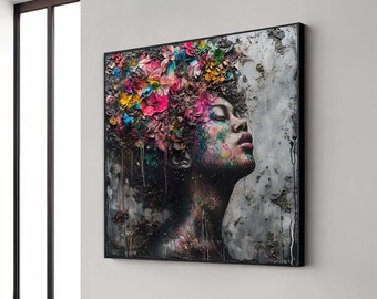 Floral Woman Wall Art Canvas, Ethereal Flowers Portrait Print, Colorful Feminine Decor for Bedroom or Boho Living Room