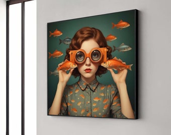 Surreal Woman Art, Surreal Woman with Fish, Oceanic Portrait Canvas, Whimsical Aquatic Wall Art, Animal Art, Ready to Hang Decor