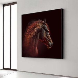 Majestätische Pferde-Leinwand, elegante Pferdekunst, feurige Mähne, anmutige Pferdekopfmalerei, hochwertiger Tierdruck, fertig zum Aufhängen