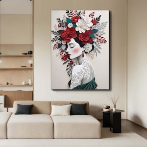 3D Floral Woman Canvas Art, Papercut Layered Flowers Design, Modern 3D Effect Female Portrait, Elegant Wall Decor