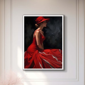 Lady in Red Dress Canvas Art, Elegant Woman with Hat Wall Art, Glamorous Fashion Wall Decor