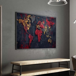 Red and Gold World Map, Abstract Global Art, Modern Textured Map Canvas, Luxury Wall Decor, Contemporary World Map Poster, Ready to Hang