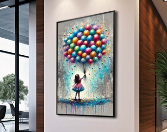 Colorful Balloon Girl Canvas, Colorful Balloon Girl Canvas, Uplifting Street Art, Modern Wall Art, Vibrant Urban Decor, Ready to Hang