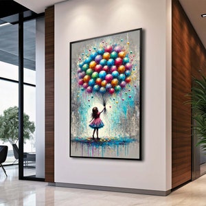 Colorful Balloon Girl Canvas, Colorful Balloon Girl Canvas, Uplifting Street Art, Modern Wall Art, Vibrant Urban Decor, Ready to Hang