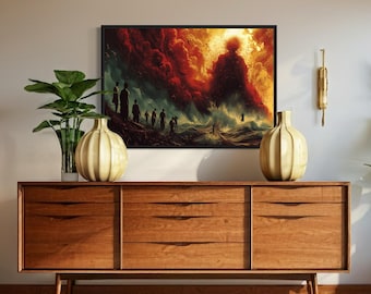 Apocalyps visionaire muurkunst, post-apocalyptische scène, surrealistische dystopische print, episch fantasy-kunstwerk, klaar om op te hangen decor