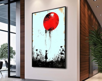 Minimalistisk gatukonst på canvas, flicka med röd ballong, urban väggdekor, naturinspirerad silhuett, modern popkonstposter, redo att hängas
