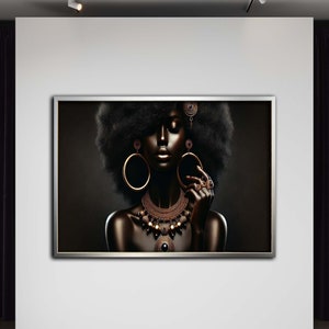 Canvas Print,Radiant Afro Beauty Canvas, Black and Gold Art, Elegant Woman Wall Print, Afrocentric Glamour Decor, Ready to Hang Canvas