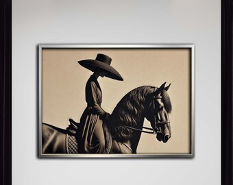 Equestrian Elegance Canvas,Black and Beige Horse Art,Elegant Rider Wall Print,Classic Horse Decor, Ready to Hang Canvas, Majestic Equine Art