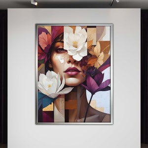 Flower Head Wall Art, Floral Portrait Canvas, Woman with Flowers Art, Abstract Floral Wall Art, Modern Home Decor, Ready to Hang