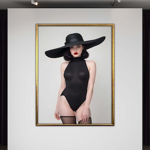 Chic Woman in Black Hat Canvas Painting – Elegant Fashion Portrait Wall Art, Minimalist Glamour Lady Decor, Modern Chic Print