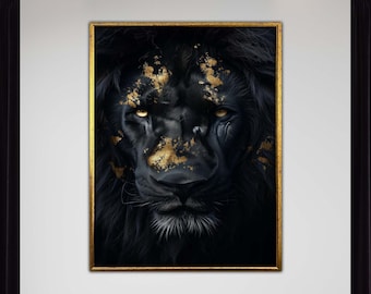 Regal Black Lion Canvas, Black and Gold Lion Art, Luxury Animal Wall Print, Lion Decor, Ready to Hang Canvas, Majestic Lion Art