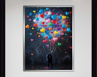Couple Art, Heart Balloon Lovers Canvas, Romantic Wall Art, Colorful Love Decor, Modern Couple Art, Ready to Hang