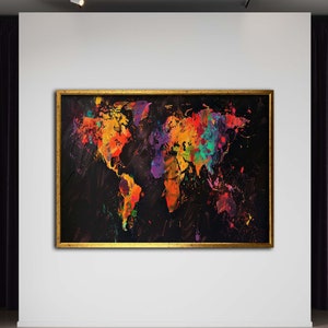 Mappa del mondo, arte murale globale moderna, arte globale con spruzzi di colore, decorazione murale nei toni della terra, poster con mappa del mondo contemporaneo, pronto da appendere