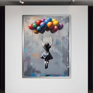 Lienzo de globo Banksy, lienzo de chica globo colorido, arte callejero edificante, arte moderno de la pared, decoración urbana vibrante, listo para colgar