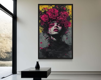 Dark Aesthetic Woman Wall Art, Mysterious Female Portrait Canvas, Moody Abstract Lady Print, Edgy Modern Decor