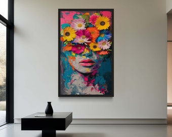 Kleurrijke vrouw met bloemen muurkunst, canvas print gezicht bloemen gezicht, abstract vrouwelijk muurdecor, levendig portret bloemhoofd