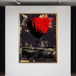 Dark Red Balloon Art, Abstract Hot Air Balloon Canvas, Edgy Urban Wall Decor, Modern Pop Art Poster, Grunge Style Print, Ready to Hang