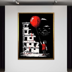 Red Balloon Hope Art, Urban Street Art Canvas, Post-Apocalyptic Wall Decor, Child with Balloon Poster, Modern Pop Art, Ready to Hang