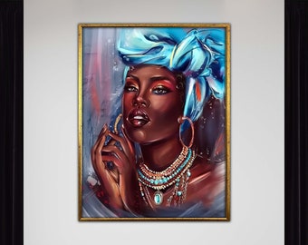 Afrykańska etniczna kobieta na płótnie, dekoracja ścienna Black Beauty, oprawiony wydruk Afroamerykanki, gotowy do powieszenia akcent domowy