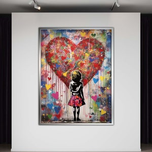 Banksy Canvas, Heartfelt Street Art, Girl with Heart Graffiti, Colorful Urban Wall Art, Love and Hope Canvas, Banksy Style Art Print