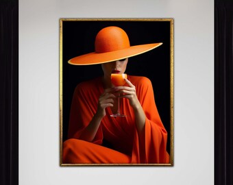 Woman in Orange Hat Canvas Print, Chic Fashion Wall Art