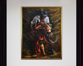May include: A painting of a couple dancing the tango. The man is wearing a hat and a white shirt, and the woman is wearing a red dress. The painting is set against a dark background with swirling brushstrokes.