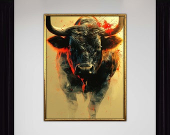 Wilder und kraftvoller wütender Stier – abstrakte farbenfrohe Kunst mit kräftigen roten Highlights, auffällige Wandleinwand für moderne Dekoration, Tierkunst