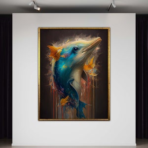 Bunter Delphin-Leinwand, großer Meerestierdruck, lebendiges Kunstwerk für Zuhause, fertig zum Aufhängen, einzigartiges Ozeandekor