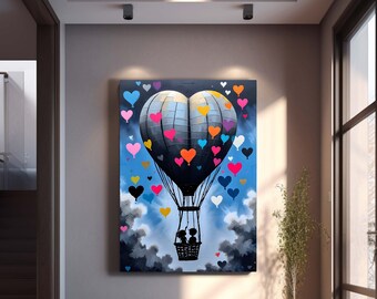 Heart Balloon Ride Canvas, Romantic Wall Art, Colorful Heart Decor, Ready to Hang, Colorful Love Decor, Modern Couple Art, Ready to Hang