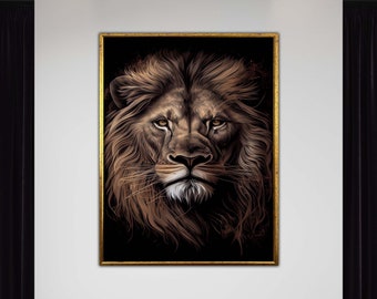 May include: A close-up of a lion's face with a dark brown mane. The lion is looking directly at the viewer with a serious expression. The image is in a gold frame and is set against a black background.