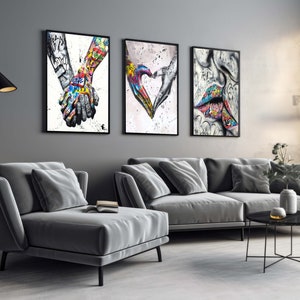 BIG SALE,Banksy Set 3 Canvas, Love and Kissing Art, Gift for Lover, Colourful Graffiti,Colorful Graffiti Hands,Heart Graffiti Art,Canvas Art