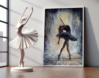 Graceful Black Tutu Ballerina Canvas – Elegant Ballet Pose Artwork, Soft Brushwork Detailing, Contemporary Dance Wall Art Print