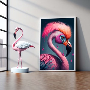 Flamingo-Kunst, lebendiges Flamingo-Porträt, Tierkunst – exotische Vogelkunst, von der Natur inspirierte Wanddekoration für Zuhause und Büro, fertig zum Aufhängen