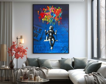 Urban Graffiti Leinwand, schwingendes Mädchen, buntes Wanddekor, moderne Straßenkunstdruck, fertig zum Aufhängen