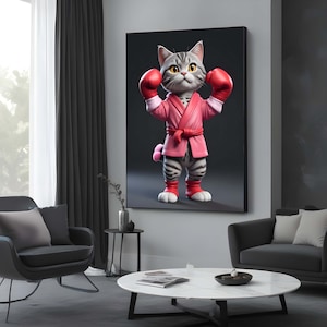 Boxing Cat Canvas, Sport Wall Decor, Animal Art, Cute Fighter Cat Art, Adorable Cat Wall Decor, Ready to Hang