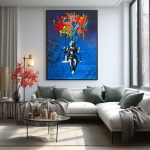 Urban Graffiti Canvas Art  Swinging Girl, Colorful Wall Decor, Modern Street Art Print, Ready to Hang Artwork
