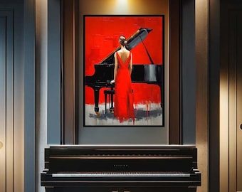 Red Woman Piano Music Painting, Print of Piano Painting,Instrument Art, Piano Print, Music Art, Framed Canvas Ready to Hang