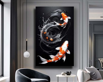 May include: Two orange and white koi fish swimming in a black and white swirling water pattern. The fish are in a black frame.