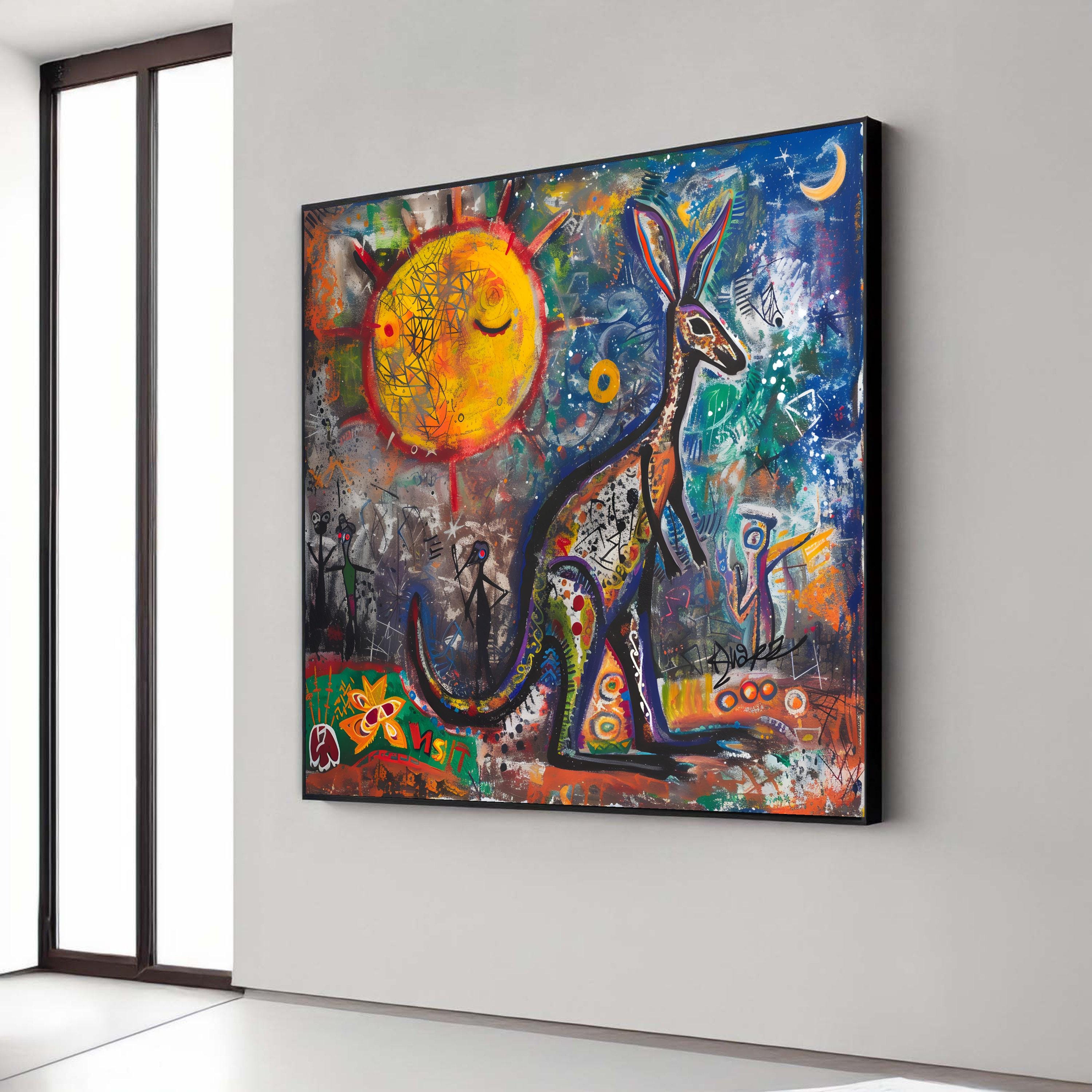 カンガルーのアボリジニスタイルキャンバスアート、鮮やかなフォーク