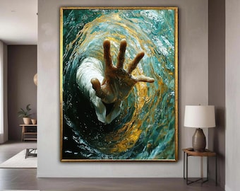 Jesus Reaching Hand Canvas, Spiritual Water Art, Faith Inspired Wall Decor, Religious Canvas Wall Art, Inspirational Gift Art, Home Decor