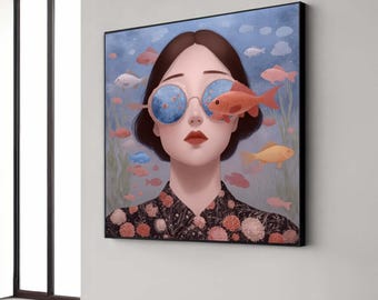 Surreal Woman with Fish Glasses Canvas, Underwater Fantasy Art, Modern Surrealism Wall Decor, Colorful Fish Gift Art, Home Decor