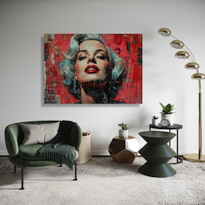 Marilyn Monroe Pop Art Canvas, Vintage Hollywood Glamour Wall Art, Red Abstract Portrait, Retro Celebrity Canvas Gift Art, Home Decor