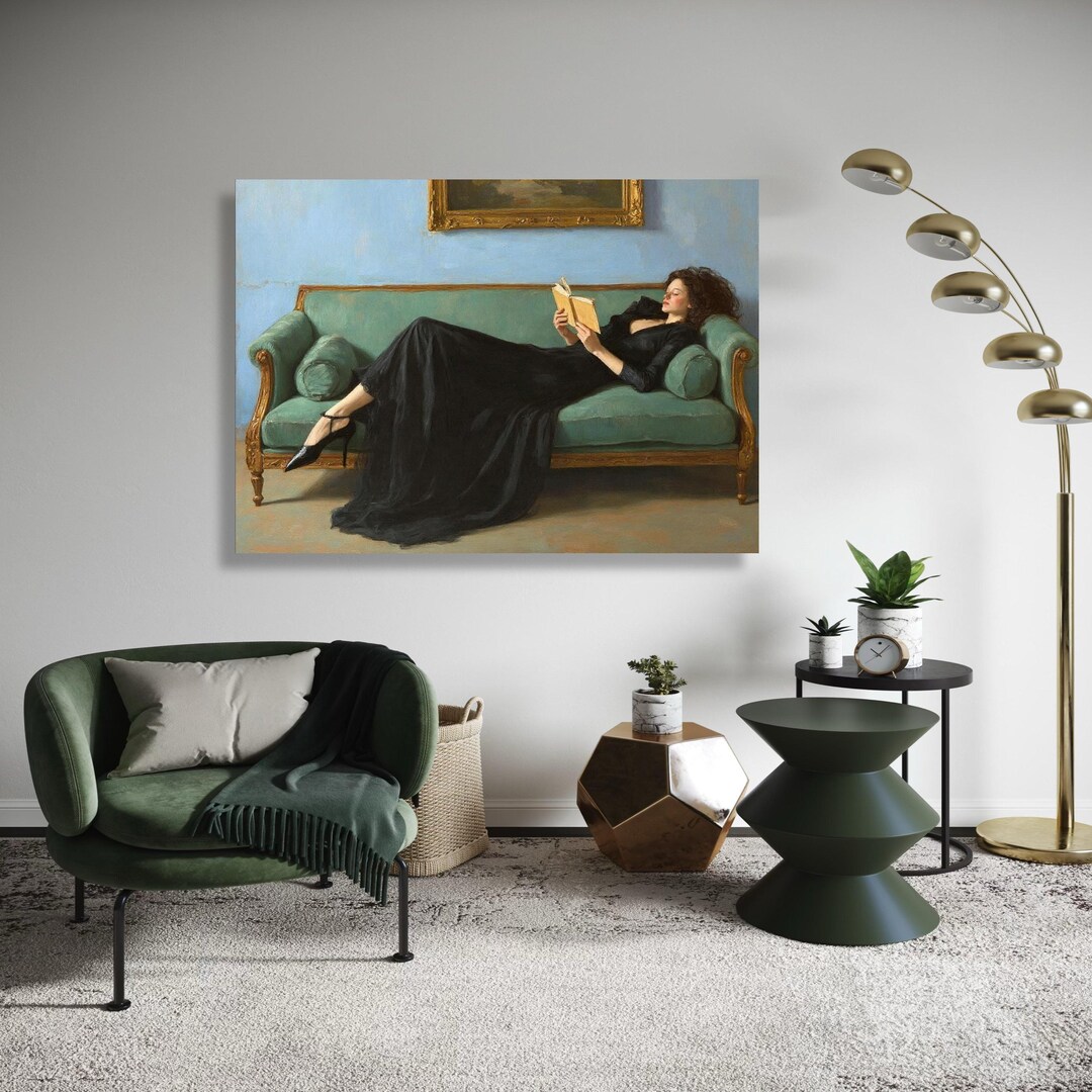 Elegant Woman Reading, Vintage Sofa Canvas, Classic Interior Wall Art ...