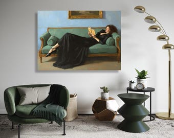 Elegant Woman Reading, Vintage Sofa Canvas, Classic Interior Wall Art, Relaxing Home Decor, Timeless Portrait Canvas Gift Art, Home Decor