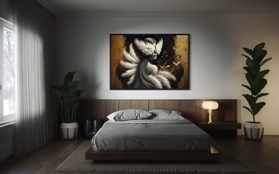 Black and Gold Feathered Woman Canvas Art, Abstract Female Portrait ...