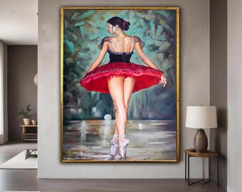 Elegante Ballerina im roten Tütü Leinwand, Balletttanz Wandkunst, Tänzerin Malerei, moderne Wohnkultur, Ballettschuh Geschenk Kunst, Wohndekor