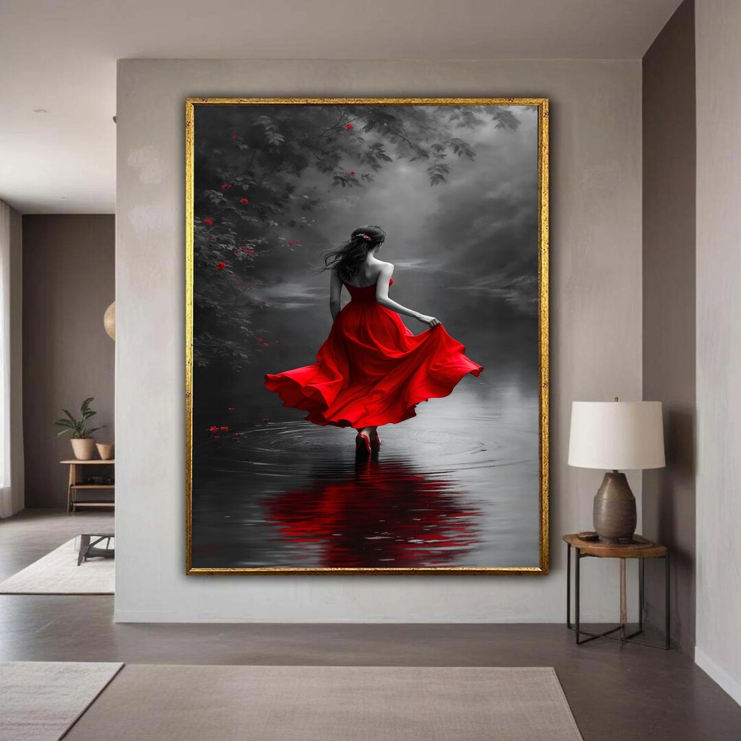 Elegant Woman in Red Dress Canvas, Black and White Fashion Wall Art ...