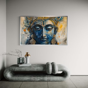 Vibrant Vishnu Canvas, Modern Hindu God Art Print, Blue Gold Painterly Deity Portrait, Indian Mythology Street Style, Spiritual Decor