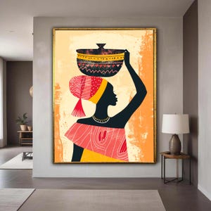 Puede incluir: Pintura abstracta que representa una silueta negra de una persona con una olla en la cabeza. La persona lleva un pañuelo rojo y amarillo y un vestido rojo. La olla es negra con detalles amarillos y rojos. El fondo es naranja y amarillo.